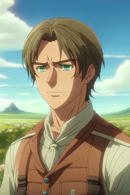 Attack on Titan screencap of a male with wavy brown hair and brown eyes. Beautiful background scenery of a flower field behind her. With studio art screencap.