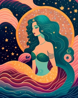 figure of a beautiful mermaid in a sea of ​​stars written in the style of Expressionism poster