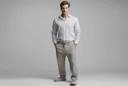 он одет в простую мягкую рубашку и брюки для выздоровления.