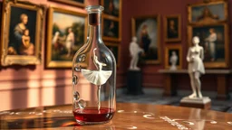 a pretty glass wine jar with beautiful minature glass shapes on out side and some glass hlalf sphere on it with a lady ballerina inside in pretty standing ballet pose on a table in a art gallery with famouse paintings and statues