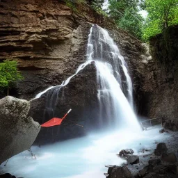 Cybeepunk picture, fantasy, cave water falls, highest peak island,