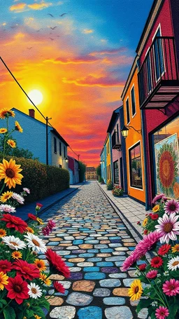 "Midnight Serenade unique" low view angle shot down sunset large close up a beautiful street with colorful wild flowers on both sides , granite terrazzo motifs with puzzle modern , clothing is decorated with colorful filigree abstract, Collage chutes papiers magazines,Spirograph background by Nisa Kiley, Textile Artist،