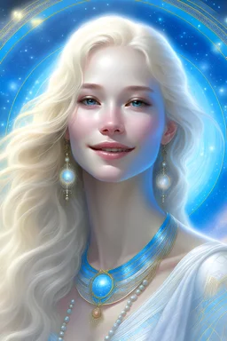 Enlighten, highly detailed beautiful elegant, happy smiling blond long hair blue eyes, white gold costume bright morning, space ship, planets, white pink gold blue shining graduated colours, nice magic atmosphere, jewels, shining stars, glitters, hyper ultra realistic, 32 K, tom bagshaw, greg rutkowski, global illumination, radiant light, bright sky environment, intricate details, surreal, wonderfull