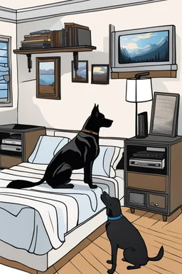 inspired by all the works of art in the world - Directly in front of me is my Entertainment Center with my TV and Blu-Ray Player, to the right of my entertainment center is my bed with three pillows and a wooden headboard, to the left of the entertainment center is a Piano, and on the floor is a black dog, Absolute Reality, Reality engine, Realistic stock photo 1080p, 32k UHD, Hyper realistic, photorealistic, well-shaped, perfect figure,