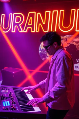 French cool synth player, he is called "Jean-Maurice Brûlée" performing at dance club, his name is "Jean-Maurice Brûlée" , white and orange Neon lights and oraNGE smog, and "URANIUM" big sign on the wall, he is playing on synthesizers on stage with lot of laser beams and wearing black sunglasses, an earth is projected in background