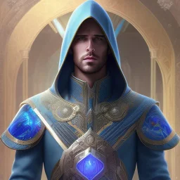 handsome hooded male mage with steel blue floral and botanical mage outfit details, sharp eyes, mixed gemstones, magic, intricate, high details