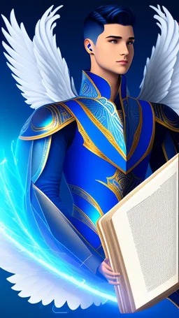 a human male with blue short hair and blue wings in assymetrical armor with geometric patterns and a book in hand, geometric wings