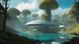 futuristic builds and trees, lake, Roger Dean-style