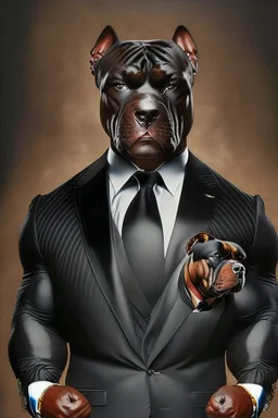 Bodybuilder Lee Haney with the face of a Rottweiler dog A dog's head instead of a person's head Only the player's body with a bulldog head on it He wears a luxurious black suit and holds a luxurious cigar The suit covers the body. In the mouth of the dog there is a luxurious Rottweiler dog head