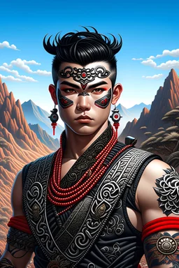 Photograph front profile of a handsome man in a fighting stand with an enemy, mountain views, facing frontal, with very detailed red machine components, one camera lens eye and shiny black hair, hazel green eyes, dramatic male traditional kabuki makeup, tribal tattoos on skins, ornate, intricate, complex,, highly detailed, digital painting, smooth , art by tom bagshaw, akihiko yoshida. highly detailed, realistic.