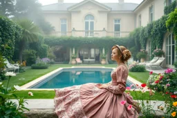 a luxury villa yard with pool in center and pretty plants trees flowers, morning mist, lost paradise atmosphere,a pretty model lady in victorian clothing resting in a comfort far in villa yard in flowers .