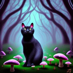 Black cat sitting, mushrooms in a psychedelic forest