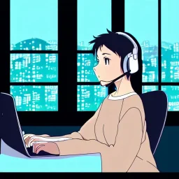 a side view of a beautiful girl sitting on her desktop writing something, headphones on, hand on her chin, nightlamp, digital art, anime, studio ghibli style, window and city background, portrait