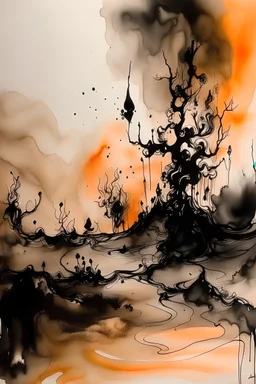 where reality ends and imagination begins; Ink wash with splashes of Peach Fuzz color
