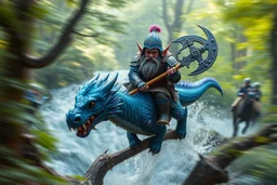 oil painting ,motion blur portrait of harpy - Forgotten Realms dodging cyberpunk armored dwarf with war half moon axe hammer with spikes, riding tiny furry blue and purple dragon above water and along winding branches in lush green forest along speeding horses , bokeh like f/0.8, tilt-shift lens 8k, high detail, smooth render, down-light, unreal engine, prize winning