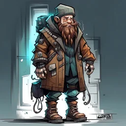 street cyperpunk dwarf with cybernetic legs, dressed with a coat and beanie