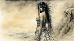 Hyper-photorealistic watercolor art style by Luis Royo, Surreal fine art etching of a figure by Luis Royo, tanned skin inscribed with the transient story of mortality, ethereal light playing with its form whispering tales of an eternal realm, eyes, black as the depths of the night, ardently pinand looking towards the endless skies, a crown of black hair mirroring the mystery of the cosmos around, whole scene tinged with an ethereal softness from volumetric lighting, hues gr, Mysterious