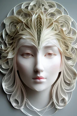 Superstring god, quantum deity, interdimensional beauty. human face looking down, frontal facing, profile, intricate origami flowers, detailed quilling paper, translucent plastic wrap. mixed media impressionism, fine arts and crafts, intricate embroidery, rococo spirtualism.