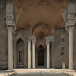 in an dark dirty underground civilization with many buildings pueblo, greek, and islamic architecture