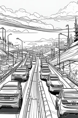 Outline art, no shading, cars on the road, cartoon style, black and white, low detail, --ar 9:11
