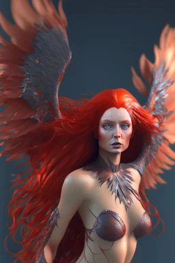 Full body shoot of stunning beauty woman royal phoenix woman with long red hair fluttering in the wind and scaly wings, minimal clothing, extremely muscular, dynamic pose, perfect detailed face, detailed symmetric hazel eyes with circular iris, realistic, stunning realistic photograph, 3d render, octane render, intricately detailed, cinematic, trending on artstation, Isometric, Centered hipereallistic cover photo, awesome full color, hand drawn, dark, gritty, mucha, klimt, erte 12k, high defin