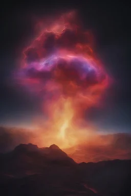 close-up, Head and shoulders portrait of something extremely colorful, multicolored lightning, outer space, planets, stars, galaxies, fire, explosions, smoke, volcanic lava, craggy mountain peaks in the background, 32k UHD, 1080p, 1200ppi, 2000dpi, digital photograph