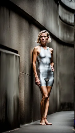 beautiful asian anorexic woman, total shot, short silver triathlon swimsuit, short blond wavy bob hair, blurred concrete background