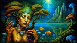 Imaginary landscape trees. . And he sells. Meh. lake.Underwater ornamental perfect anatomy, fantasy, vibrant digital art professional award winning masterpiece, oil on canvas Atmospheric extremely detailed Josephine Wall