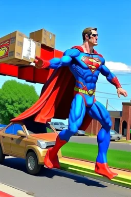 flying superman delivers pallets of goods