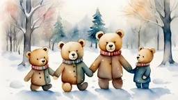 merry little teddy bear family playing in a snowy winter park in 1963, watercolor, (style of Gabriel Pacheco:1.3), front view, magic winter vibe