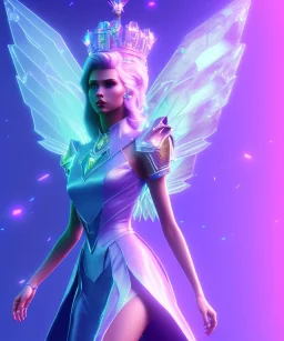 A crystalised queen, atmospheric, realistic, unreal engine, cinematic lighting, octane render. blue, pink, transparency, light, shine,bright, full body, transparent wings, blonde, long hair, nice smile