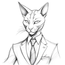 Illustrative sketch of a image of an humanoid cat, suit and tie, arte lineal ultra quality, 8k