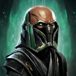 star wars bald male corellian jedi pilot wearing gunmetal grey and black old republic armored robes with gold trim inside the jedi temple holding a lightsaber with viridian green blade in left hand, centered head and shoulders portrait, hyperdetailed, dynamic lighting, hyperdetailed background, 8k resolution, volumetric lighting, light skin, fully symmetric details