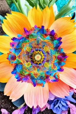 Mandala inside a flower bulb; Surreal optical art with a color palette of matisse