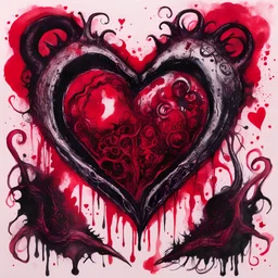 Symbolic Valentine's Day card Lovecraftian heart, dramatic Ink illustration by Jonathan Meese, emo, romantic horror, expressionism, saturated crimson colors