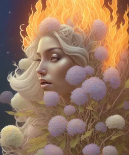 white hydrangea flowers, mandrake roots, mandrake root hands, platinum blonde woman on fire, psychedelic, intricate, elegant, highly detailed, background fire sky, digital painting, artstation, concept art, smooth, sharp focus, illustration, head shot, close up, art by artgerm and greg rutkowski and alphonse mucha, symmetrical eyes, perfect eyes, blue eyes, staring at camera, eye contact