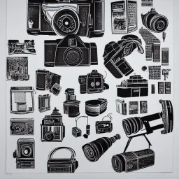 elements of photographic equipment. poster graphics. high detailed. ink and acrylic.