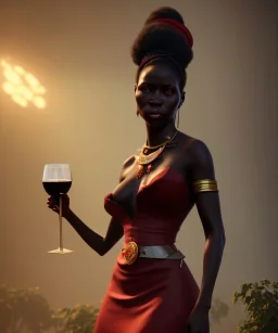 Negra Francisca, beautiful, curvy body, African slave, simple red fabric dress, long black hair, red headband, head and shoulders portrait, holding glass of wine, 8k resolution concept art portrait by Greg Rutkowski, Unreal Engine 5 volumetric lighting