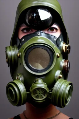 Steam-punk style gas-mask. Large fencing mask covers chin and cheeks. Hood. Reflective surface on face, full coverage, reflective. Black ball eyes. Head full of integrated old-fashioned cameras and phone. Army green surfaces body, latex. Perfect body, thick thighs and calves. Asa Akira's body. Wide hip, skirt bleats nicely. Partly symmetrical. Straitjacket. Rusty and decayed background. Steam-plunge air-bottles. Euclidean 3D-tiling walls. surrealistic. Oppressive atmosphe