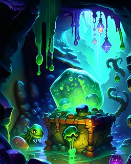 a slimy dripping gelatinous cube in vast dungeon cave room with treasure chests rpg art painterly