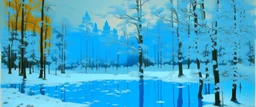 A pale blue winter forest falling snowflakes and a frozen lake painted by Andy Warhol