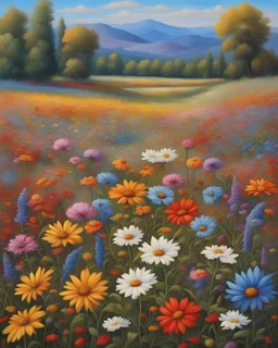 a painting of a field of colorful flowers, meadow with flowers, field of mixed flowers, brightly colored flowers, wild flowers, meadow flowers, colorful wildflowers, garden with flowers background, flower meadow, flowers in a flower bed, in the desert