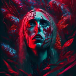 iridescent, Singer Danish MØ face, blood, futuristic, guts, wildflower, cosmic, intricate, darkred tones,sidhe, ominous, nature, plants,