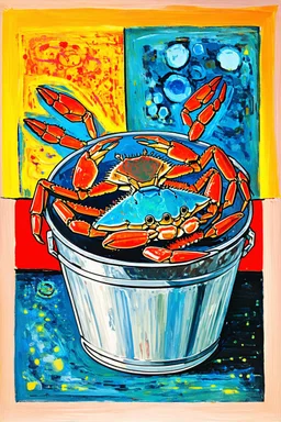 Trickle down theory and Blue Crabs in a bucket; pop art; a mashup of the styles of Oskar Fischinger, Tomma Abts, and Marc Chagall