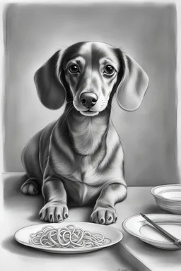 a highly detailed rendering of a sketch with precise, soft 6B pencil lines. a simple but anatomically correct, line drawing of a cute playful dachshund with a plate of spaghetti, high quality artistic pencil sketched art with crosshatch and shading for texture, a and Precise soft lead pencil lines. , use grayscale colors only