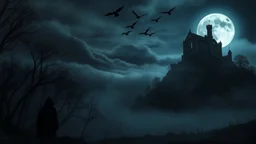 A dark gothic fantasy landscape at night, cinematic wide shot, a ruined gothic castle standing on top of a steep hill on the right side of the image, illuminated by a large full moon high in the sky. Thick rolling fog drifts across the ground and around the hill. Several raven silhouettes fly across the moonlit night sky. On the left side, a dark, dense forest with twisted, leafless trees. At the edge of the forest stands a lone black-hooded figure, seen from behind, fog, cinematic