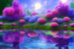 monde en fleurs, blue lake, flower tree-houses, concept art, crépuscule , fuksia bleu oranger, vibrant Color, réaliste, riviere bleu, tree-house bougainvillier, roses