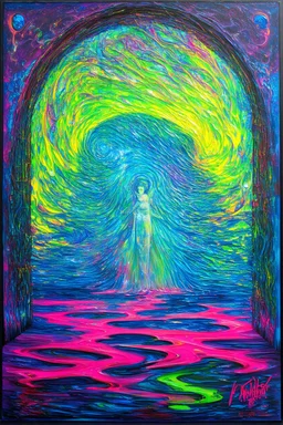 seeing through a solid world into a fluid and shimmering world; a surreal neon psychedelic Renaissance acrylic painting
