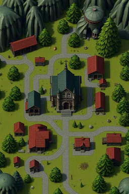 crie um mapa estilo rpg de uma cidadezinha com uma escola, algumas casa, um bar e uma catedral grande no meio
