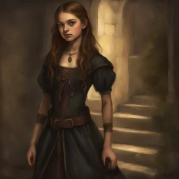 pretty 13 year old girl, conventionally attractive, dark clothes, realism, tight top, sorcerer, medieval